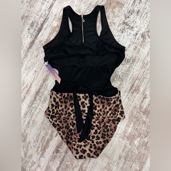 LEOPARD Print High Waisted Cutout Racerback Zip Up Swimwear - L - Picture 9 of 13